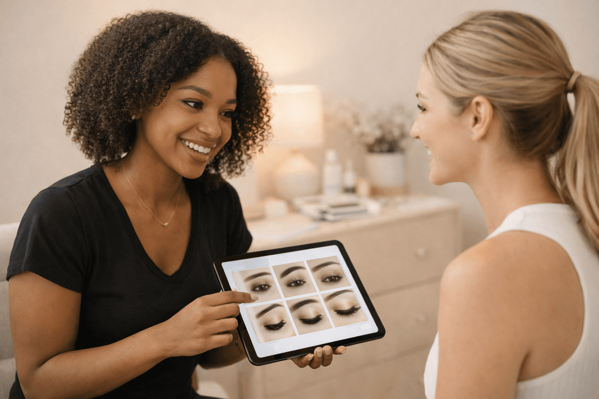 Lash artist during a client consultation