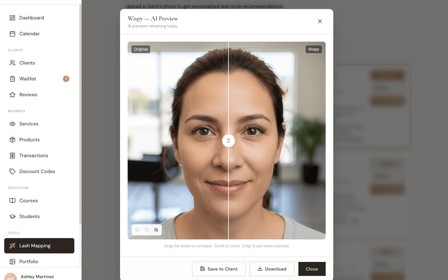 Mila AI realistic lash try-on before and after comparison