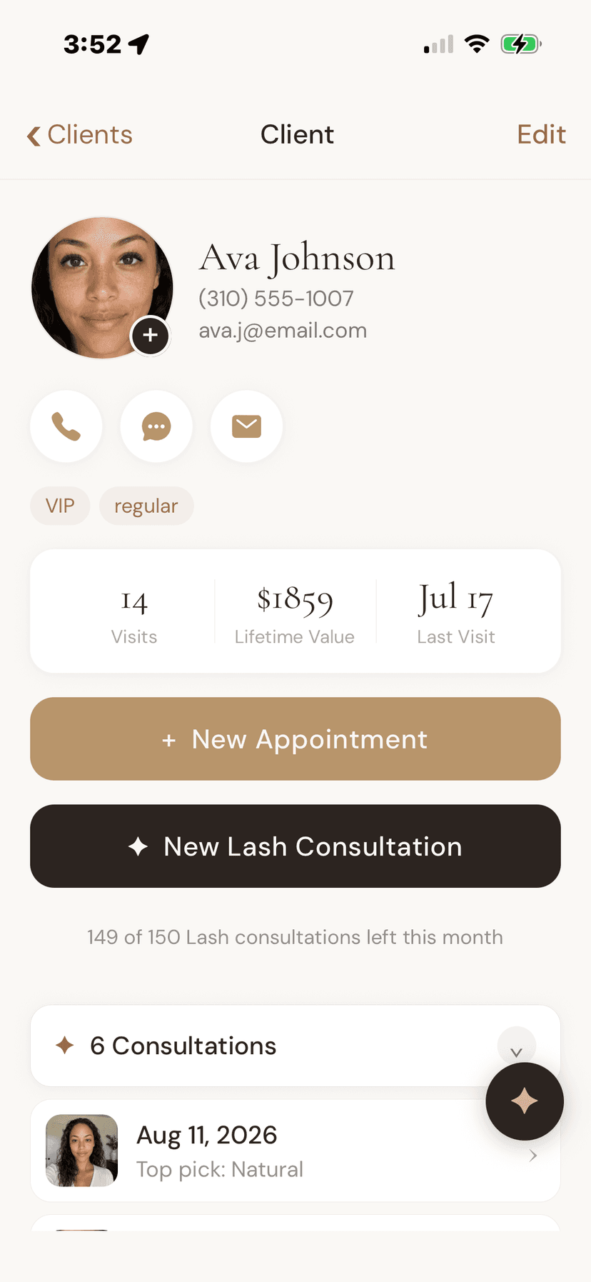 A client profile in the Mila iOS app