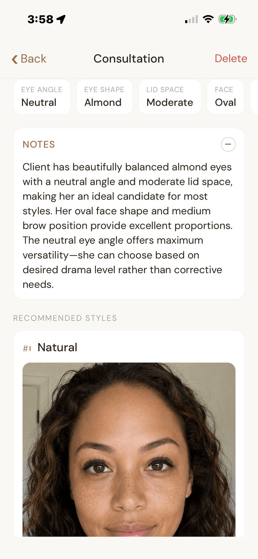 A consultation showing eye shape, lid space and the recommended style