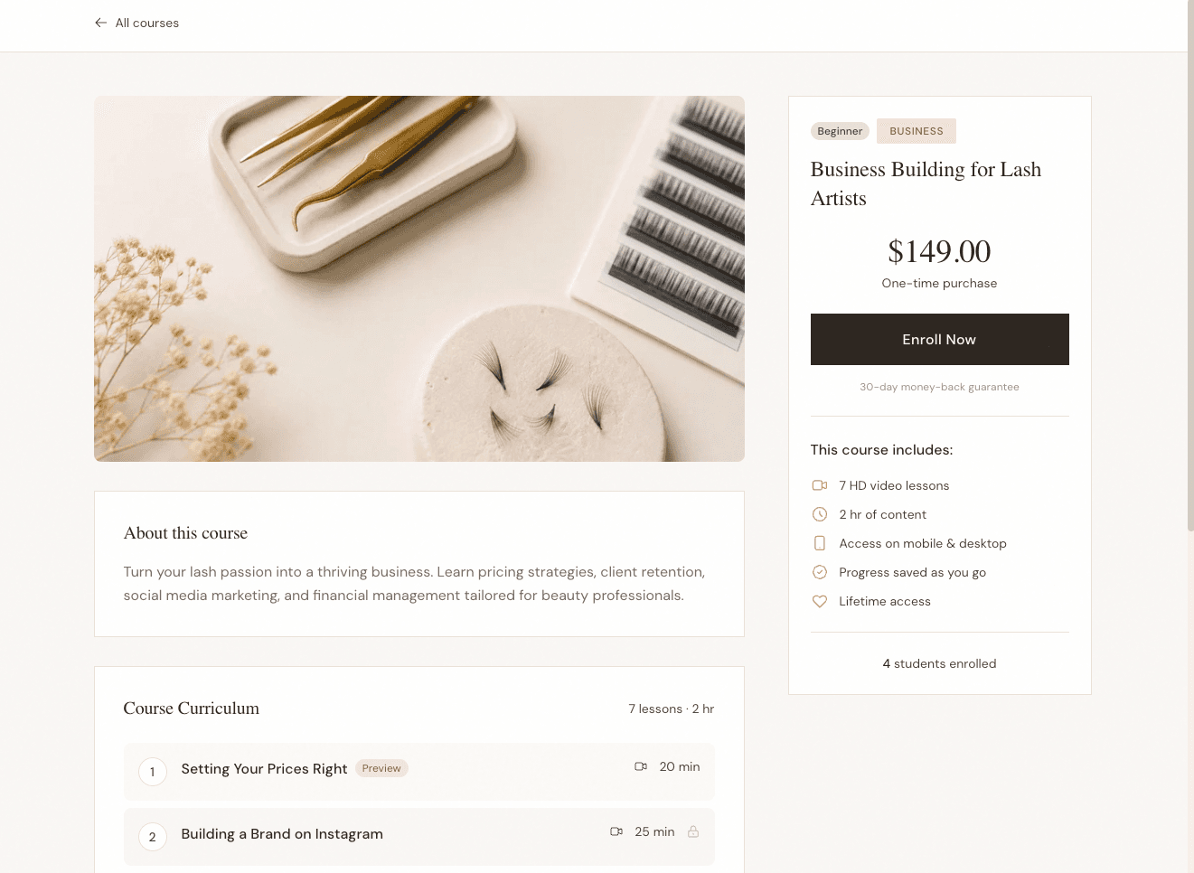 A course page as a client sees it, with curriculum and price