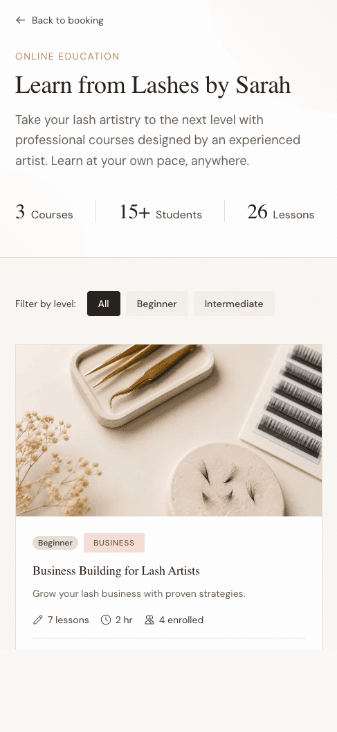 An artist's course listing as a client sees it
